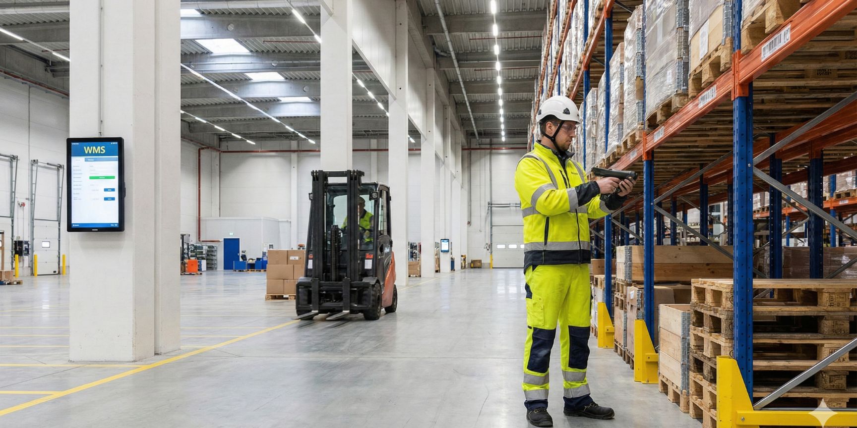 Lagerist in Schutzkleidung scannt Ware mit einem Handscanner an einem Palettenregal in einer modernen Logistikhalle, mit Gabelstapler und WMS-Monitor im Hintergrund.